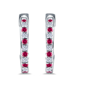 Half Eternity Huggie Hoop Earrings Round Simulated Ruby CZ 925 Sterling Silver (14mm)